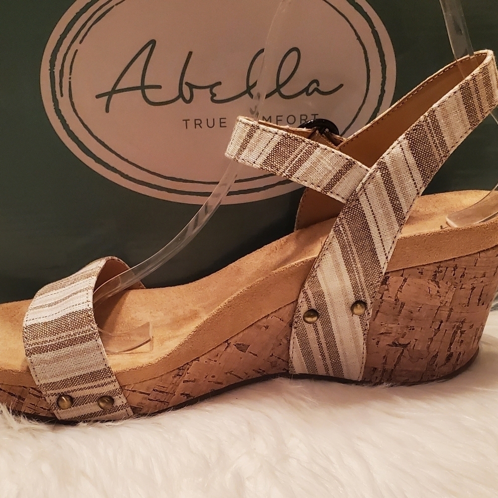 Abella Women's Tan And Brown Striped Cork Wedge Sandals Padded Insole  Size 10
